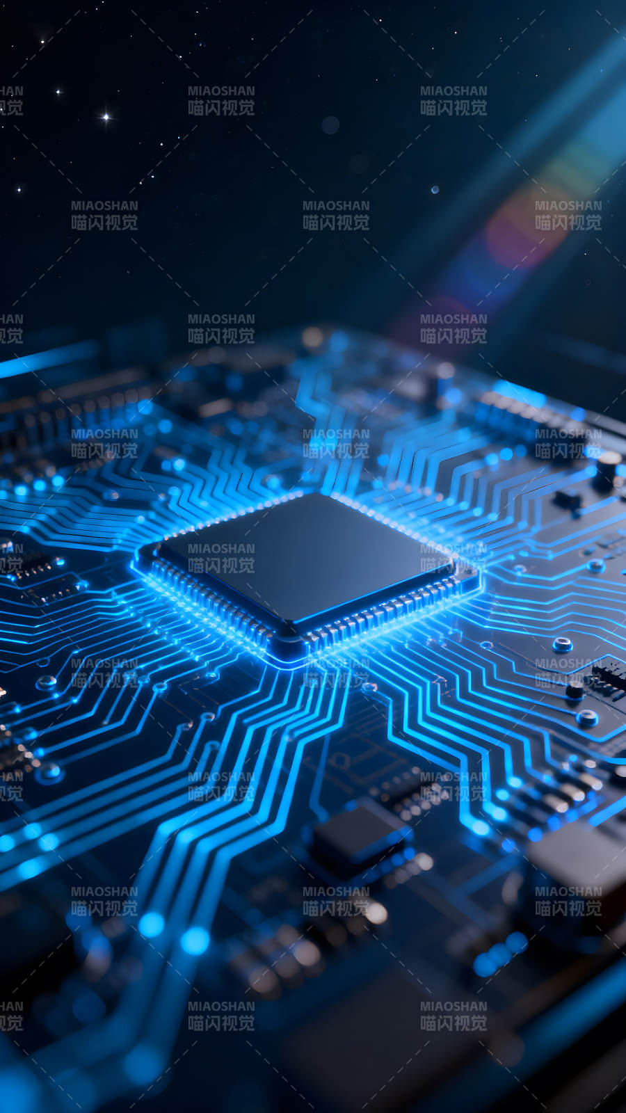 电路板芯片特写夜空背景图片
