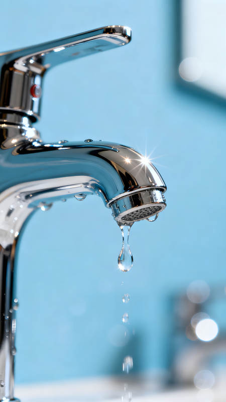 滴水的镀铬水龙头特写图片