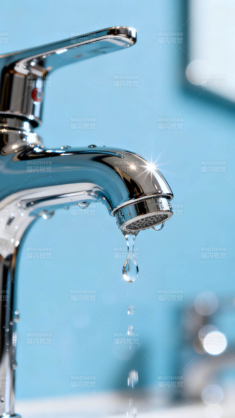 滴水的镀铬水龙头特写图片