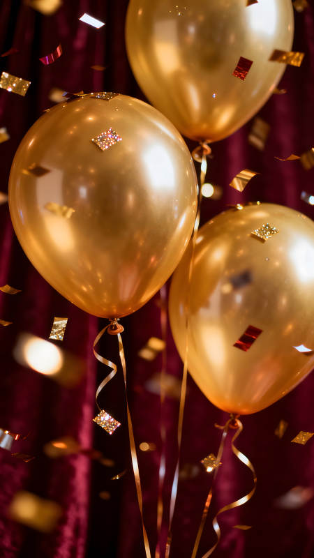 金色的气球和飘落的彩带图片