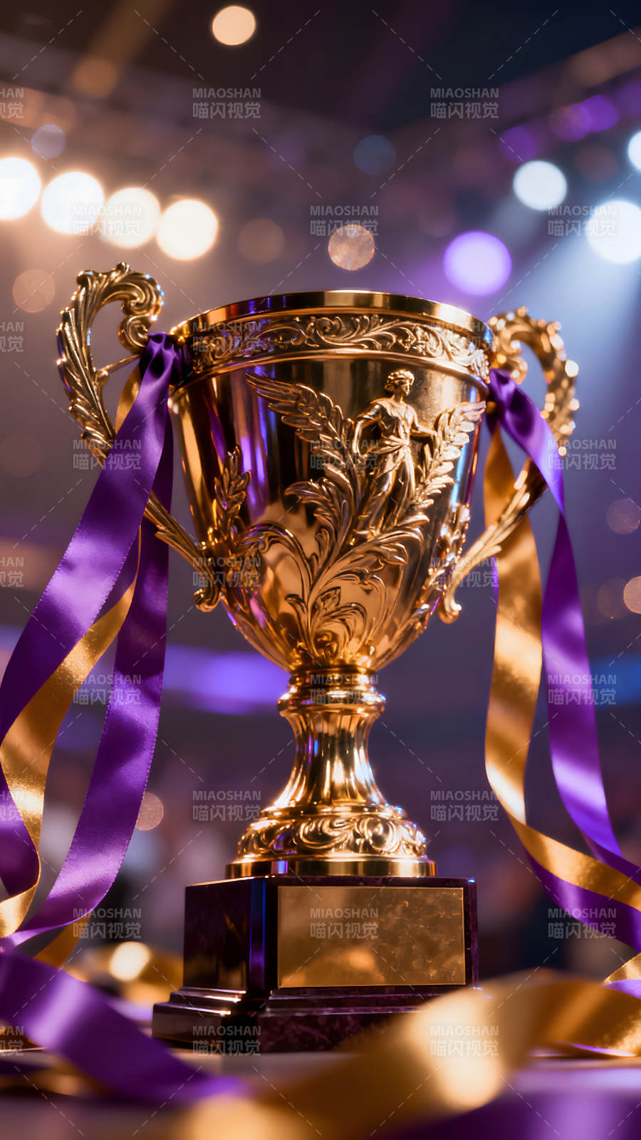 金色奖杯紫色丝带光影交织图片