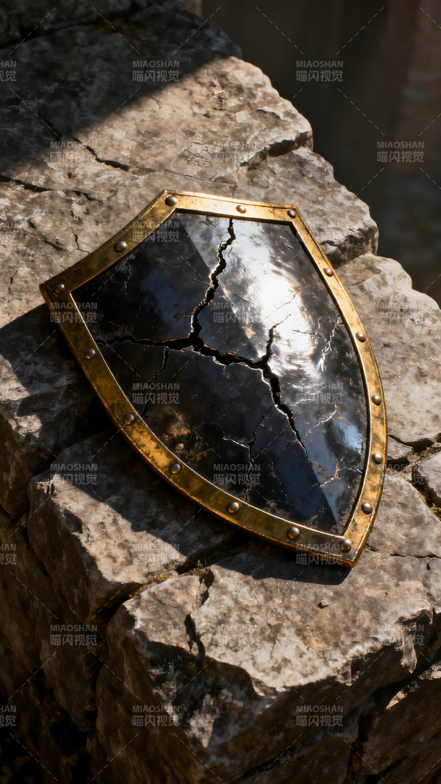 破损的盾牌置于岩石之上图片