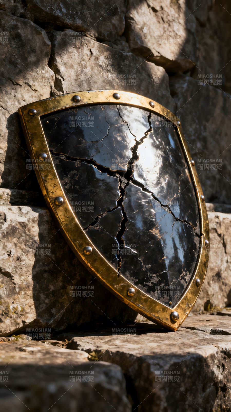 破损的盾牌依偎在石头上图片