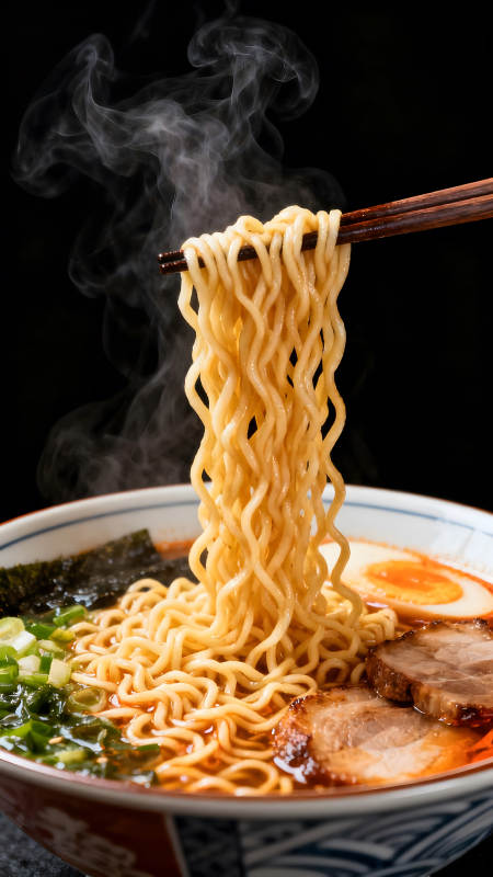 热气腾腾的拉面特写图片