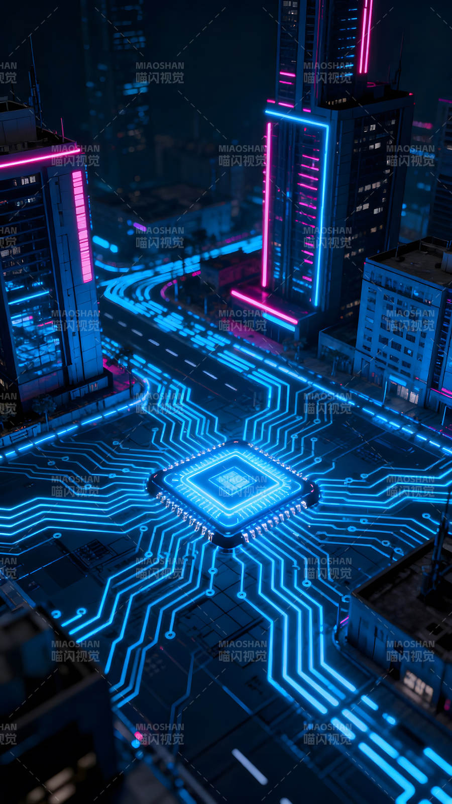 赛博朋克城市芯片连接未来科技图片