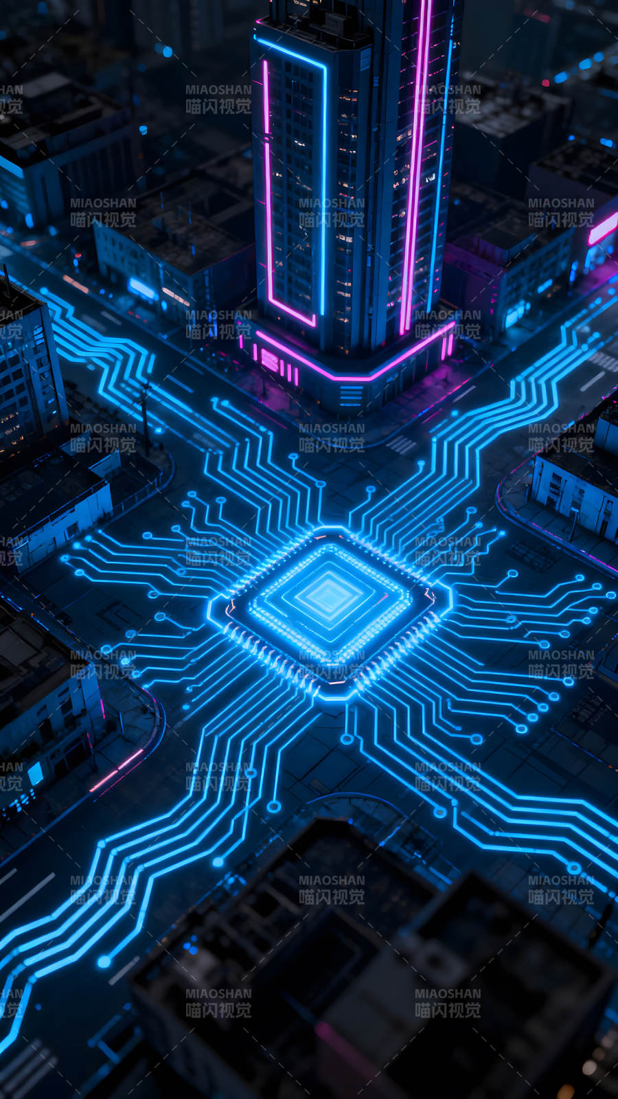 赛博朋克城市与电路连接图片