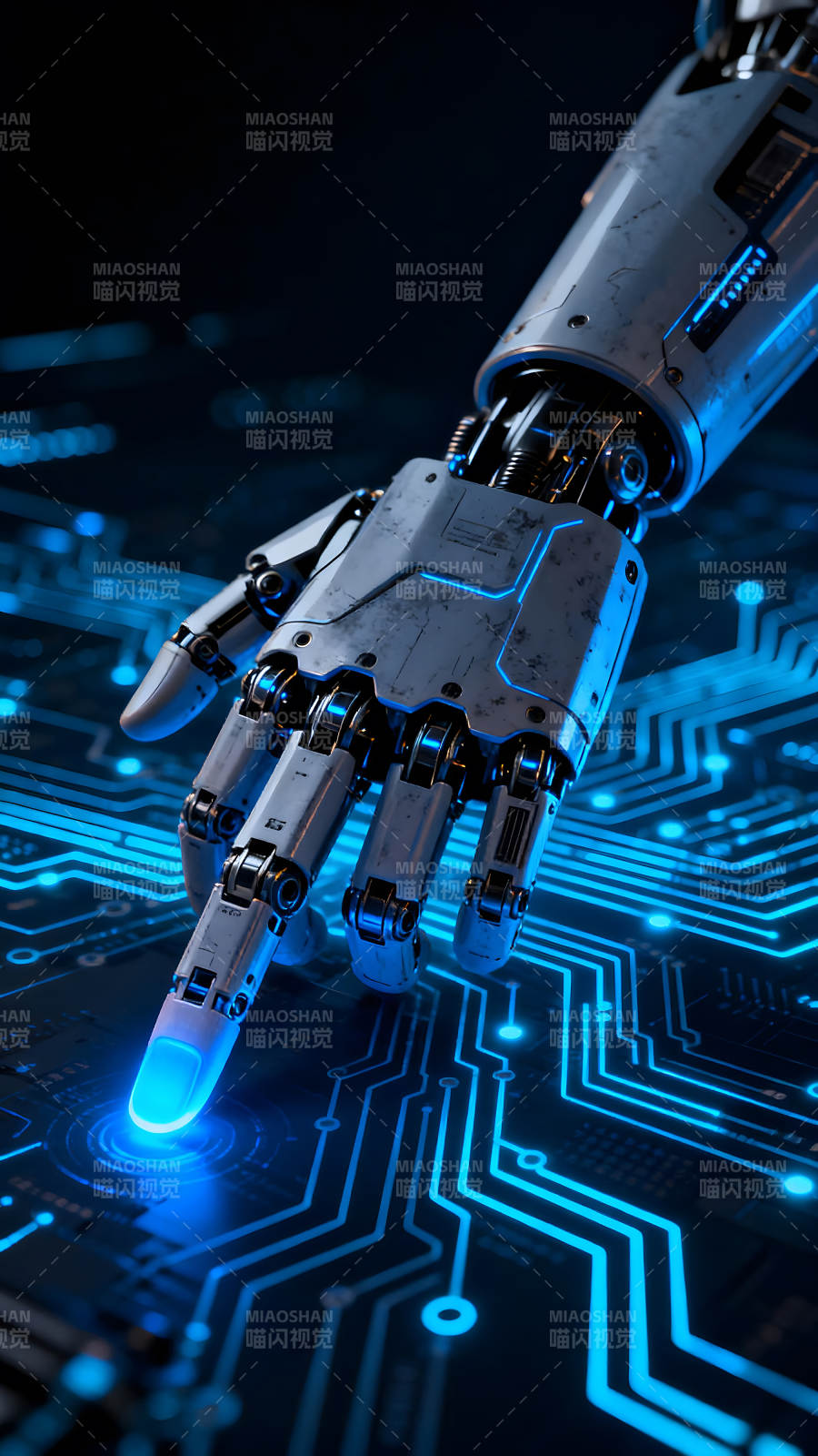 机器人手触碰电路板上的蓝色光芒图片