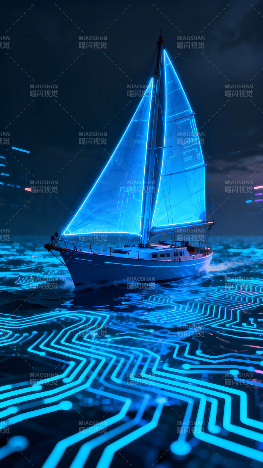 科技帆船航行于电路海洋图片