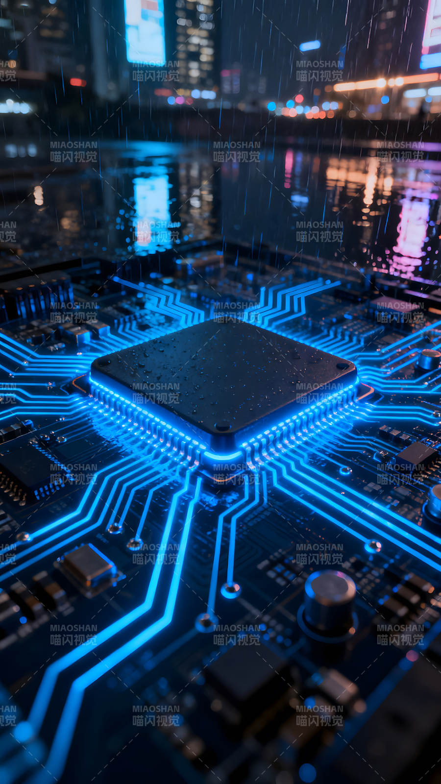 电路板与城市夜景的合成图片