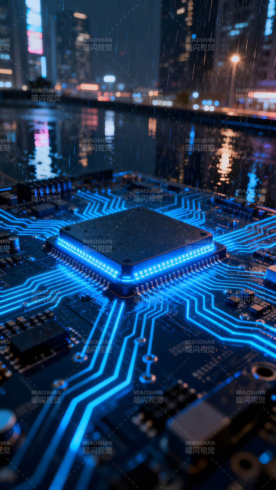 电路板夜景与雨水交融图片