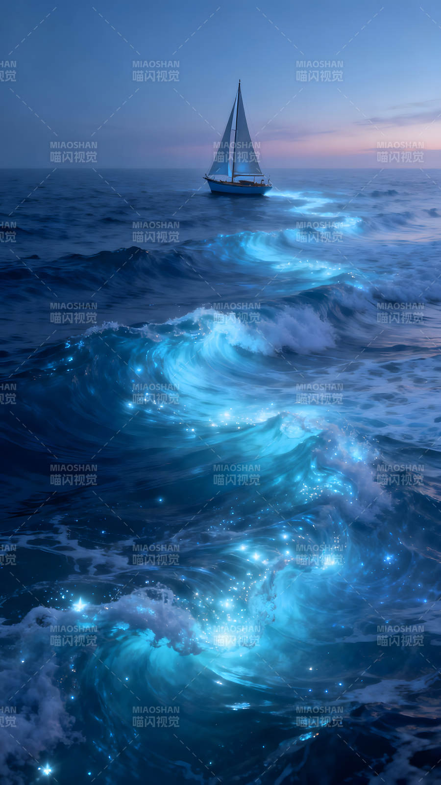 海面夜航船只梦幻光影特效图片