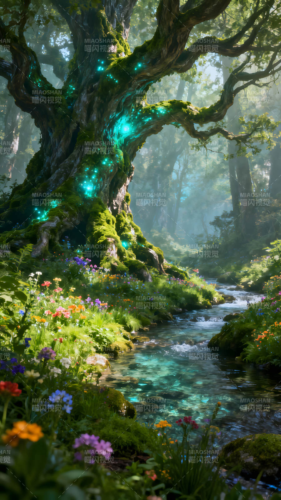 森林仙境光影交织溪水潺潺图片