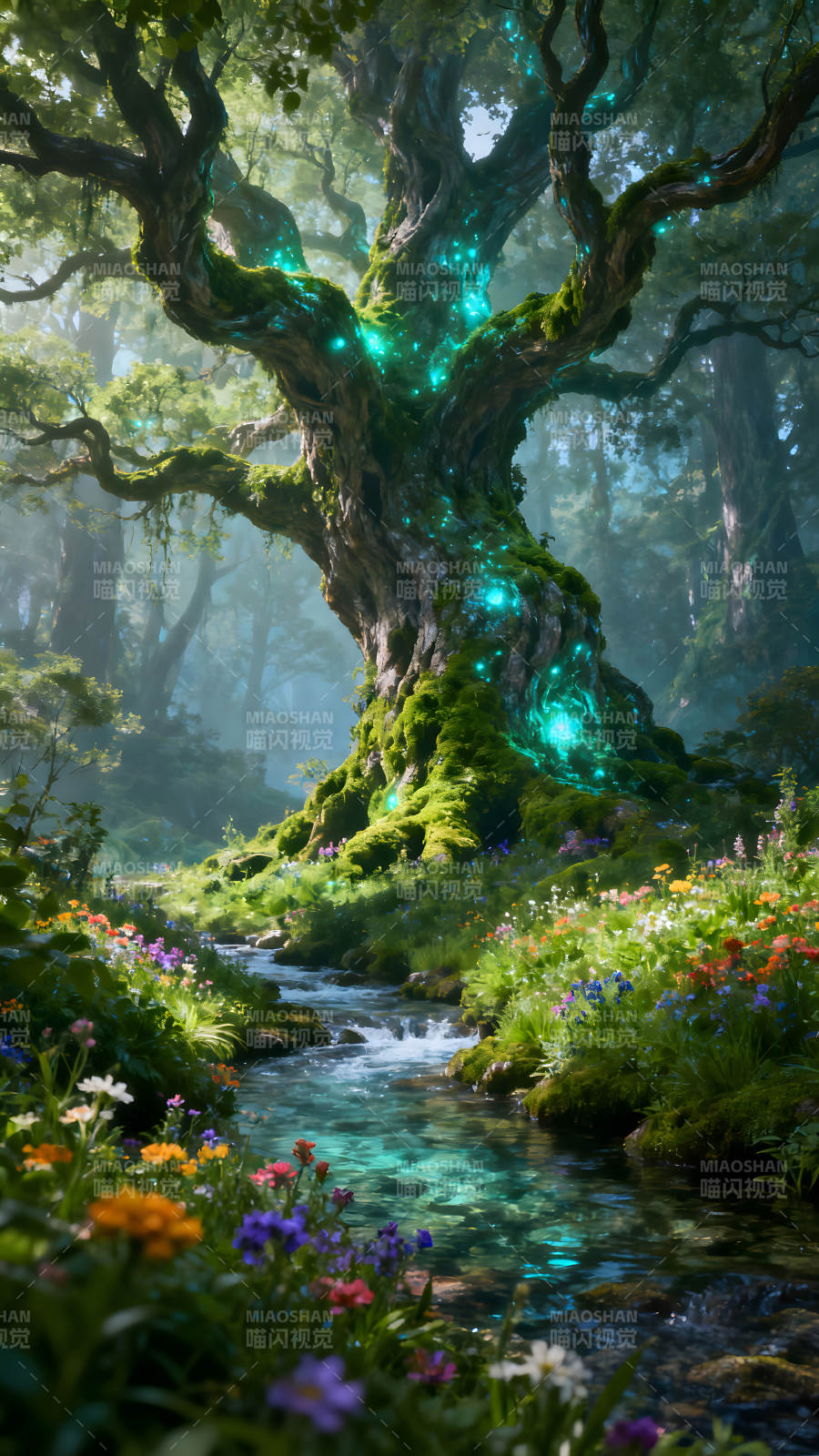 森林里的巨树与清澈的河流图片