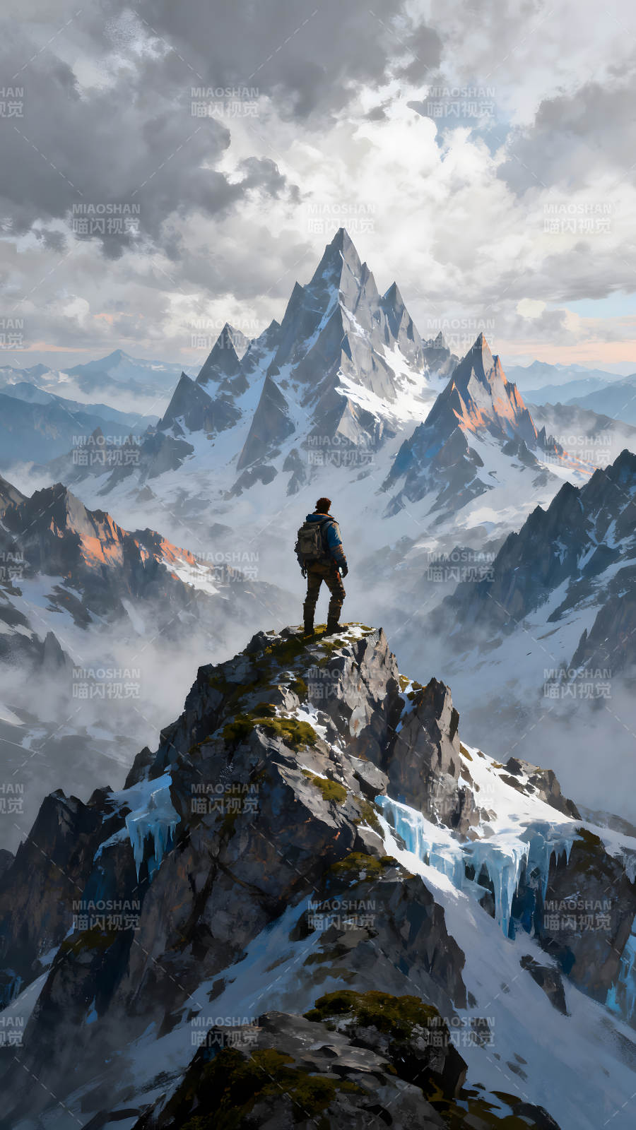 山巅眺望雪山景色冒险者欣赏风景图片