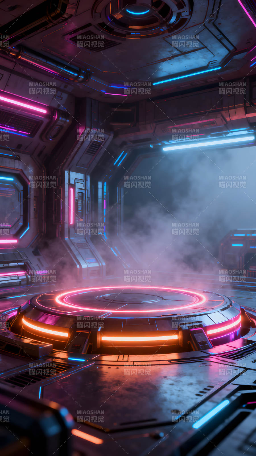未来科幻场景霓虹灯光笼罩下的飞船内部图片