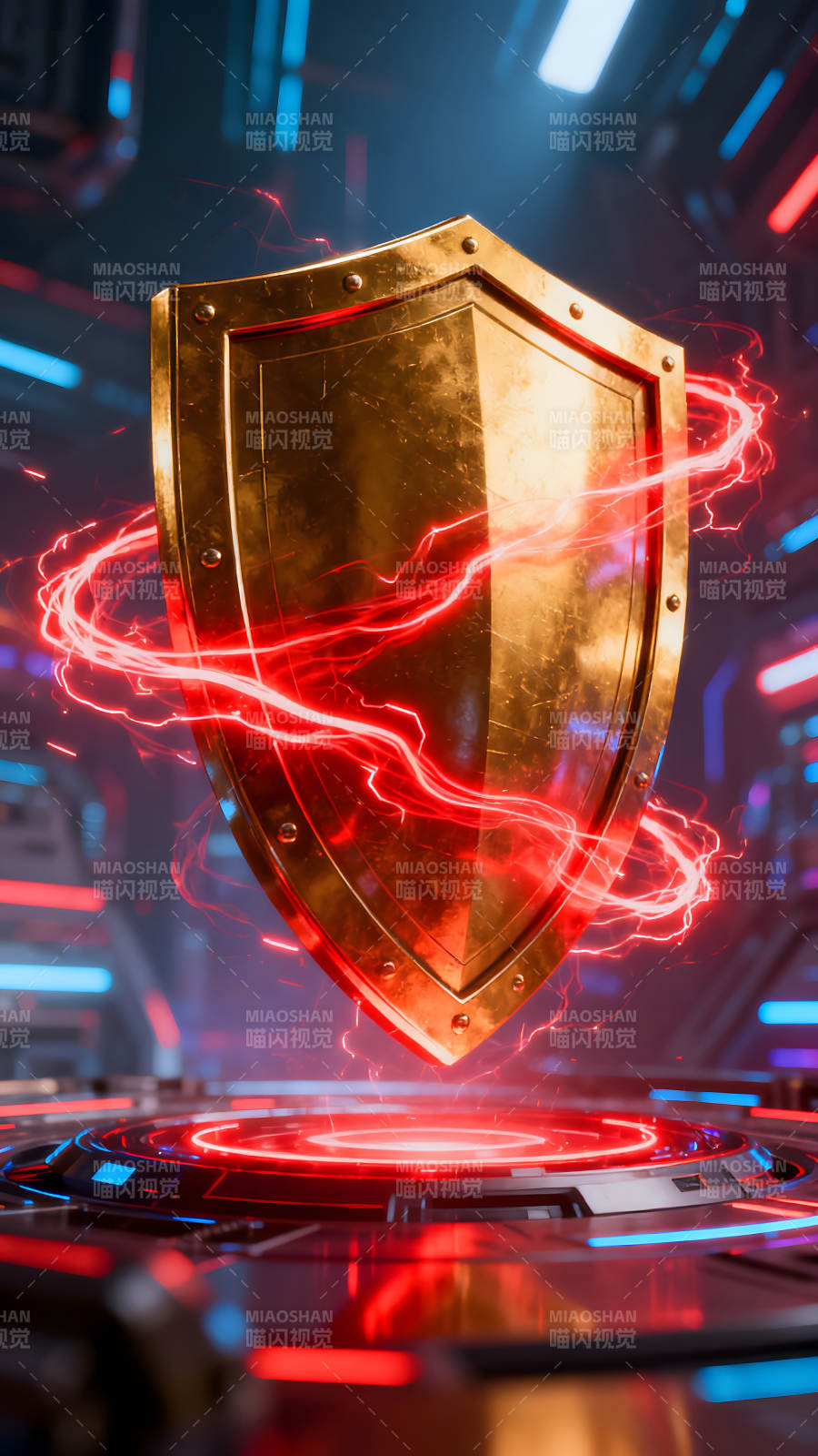 金色盾牌能量环绕科技感十足图片