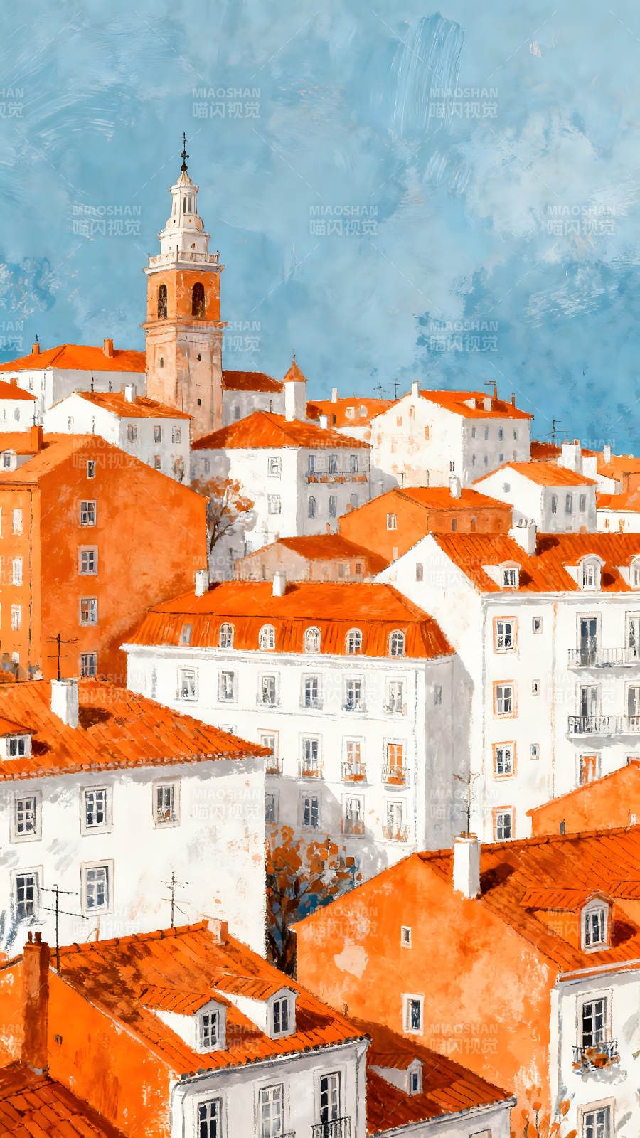 葡萄牙城市风景画红瓦白墙图片