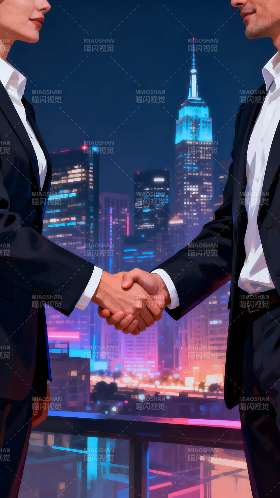 商务合作握手夜景图片