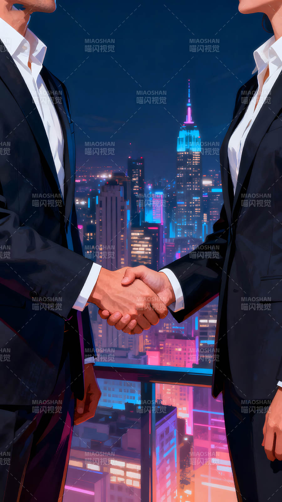 城市夜景下的商务合作握手图片
