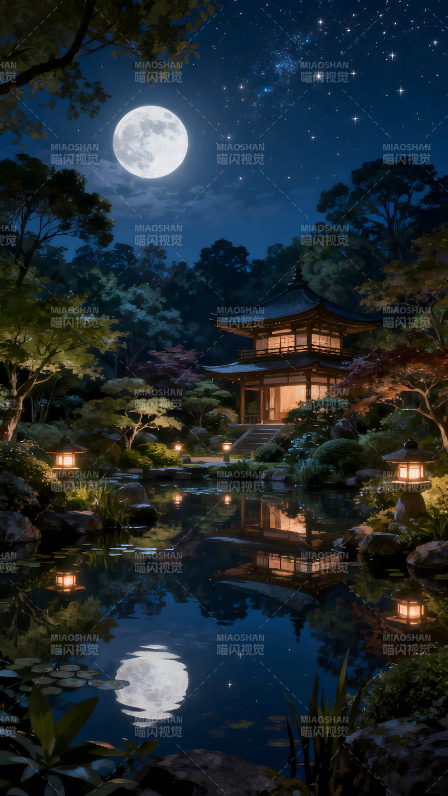 月夜下的日式庭院倒影图片