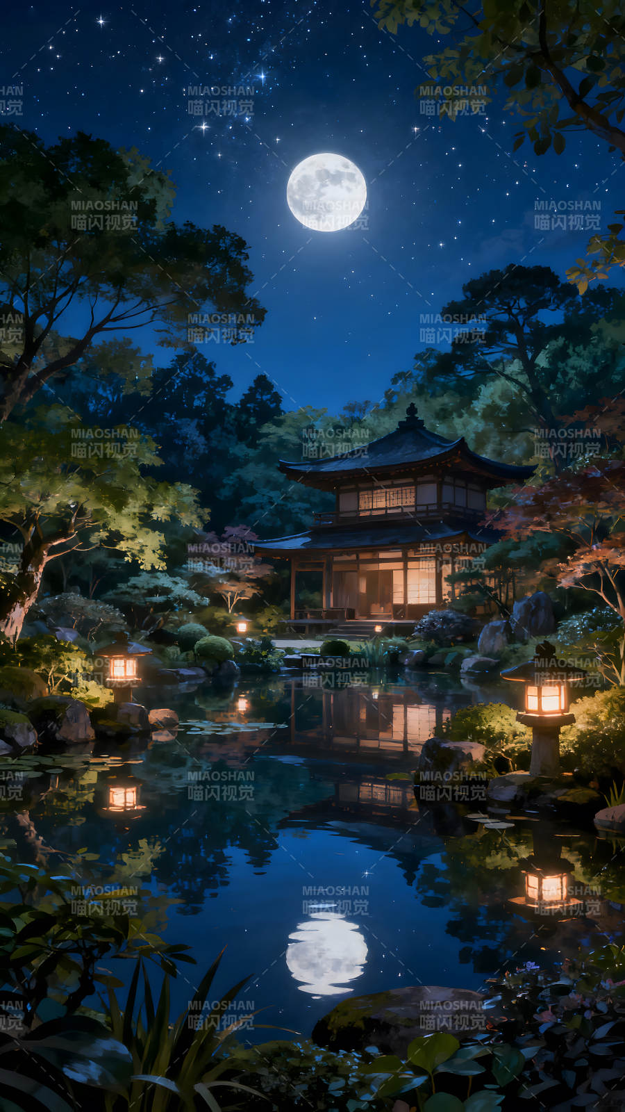 夜晚月光下的日式庭院图片