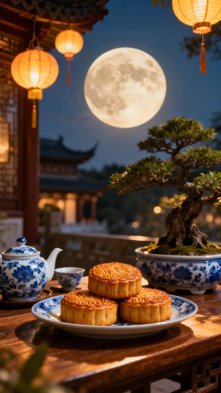中秋佳节月饼茶点夜景图片