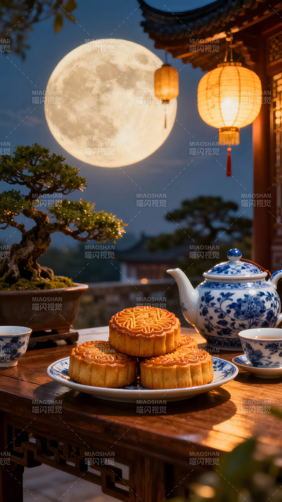 月饼茶具赏月夜图片