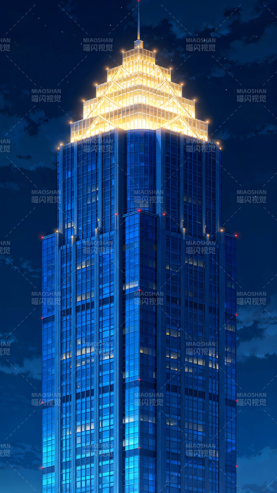 夜晚的蓝色摩天大楼灯火通明图片