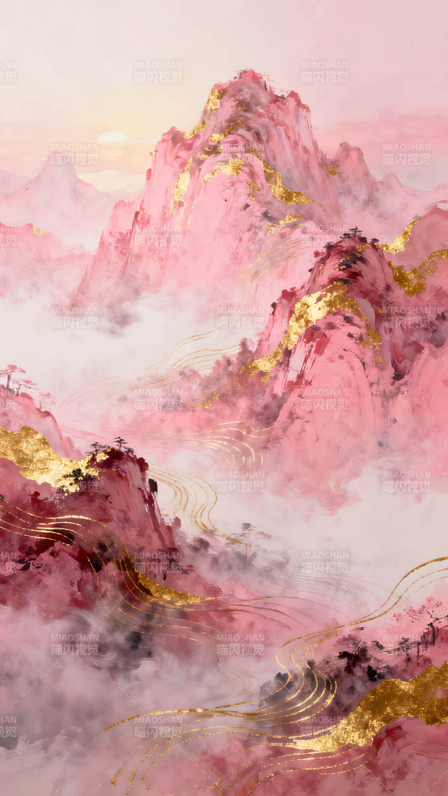 粉色山峦金线装饰的东方意境图片