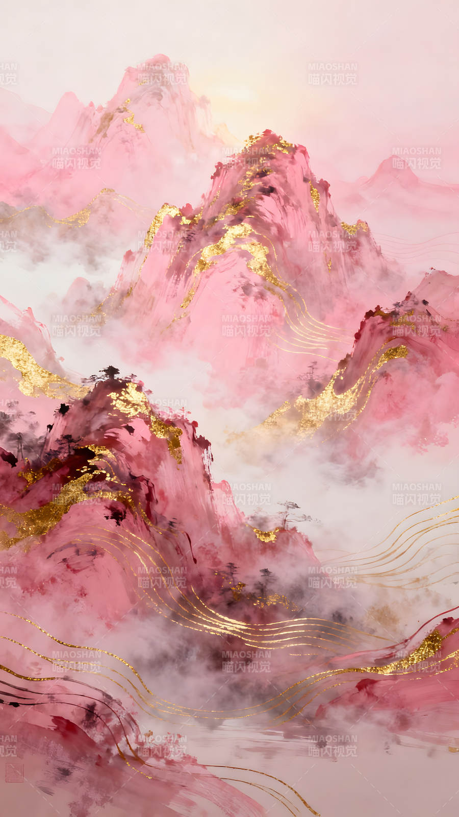 粉色山峰金色点缀仙气飘渺图片