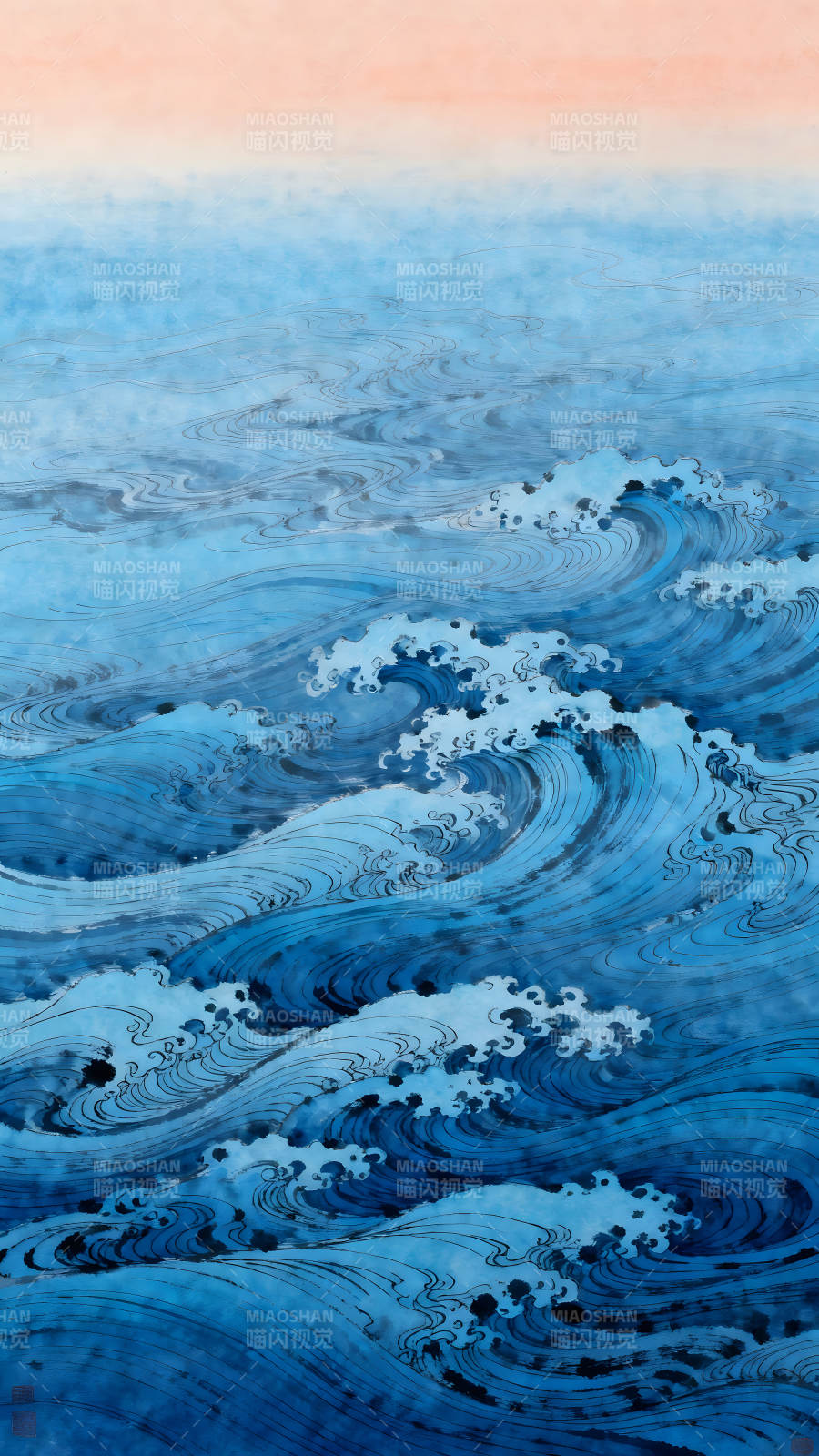 海浪绘画天空水墨风景图片