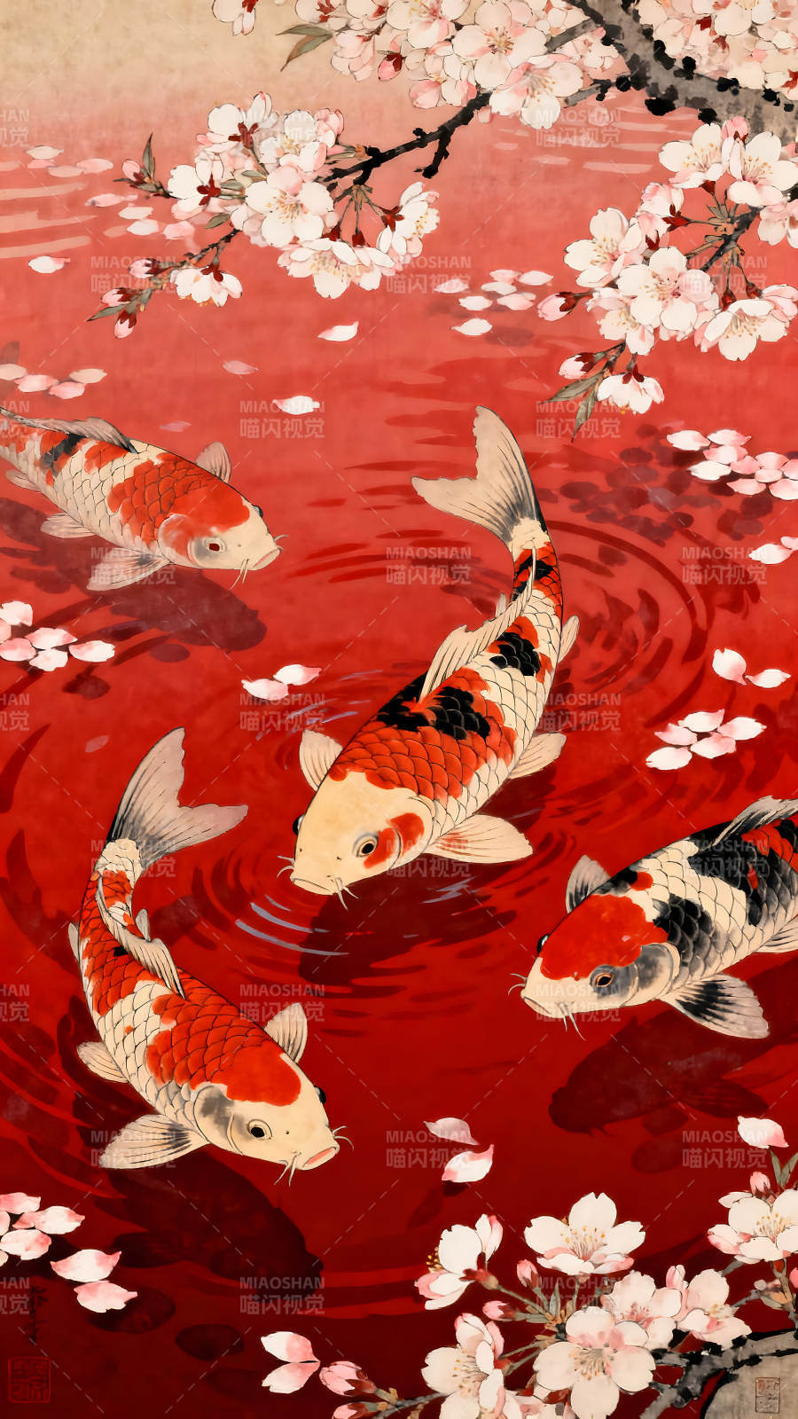 锦鲤戏水樱花盛开水墨风格画作图片