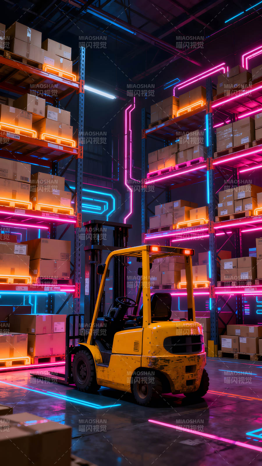 仓库夜景霓虹灯光下叉车图片