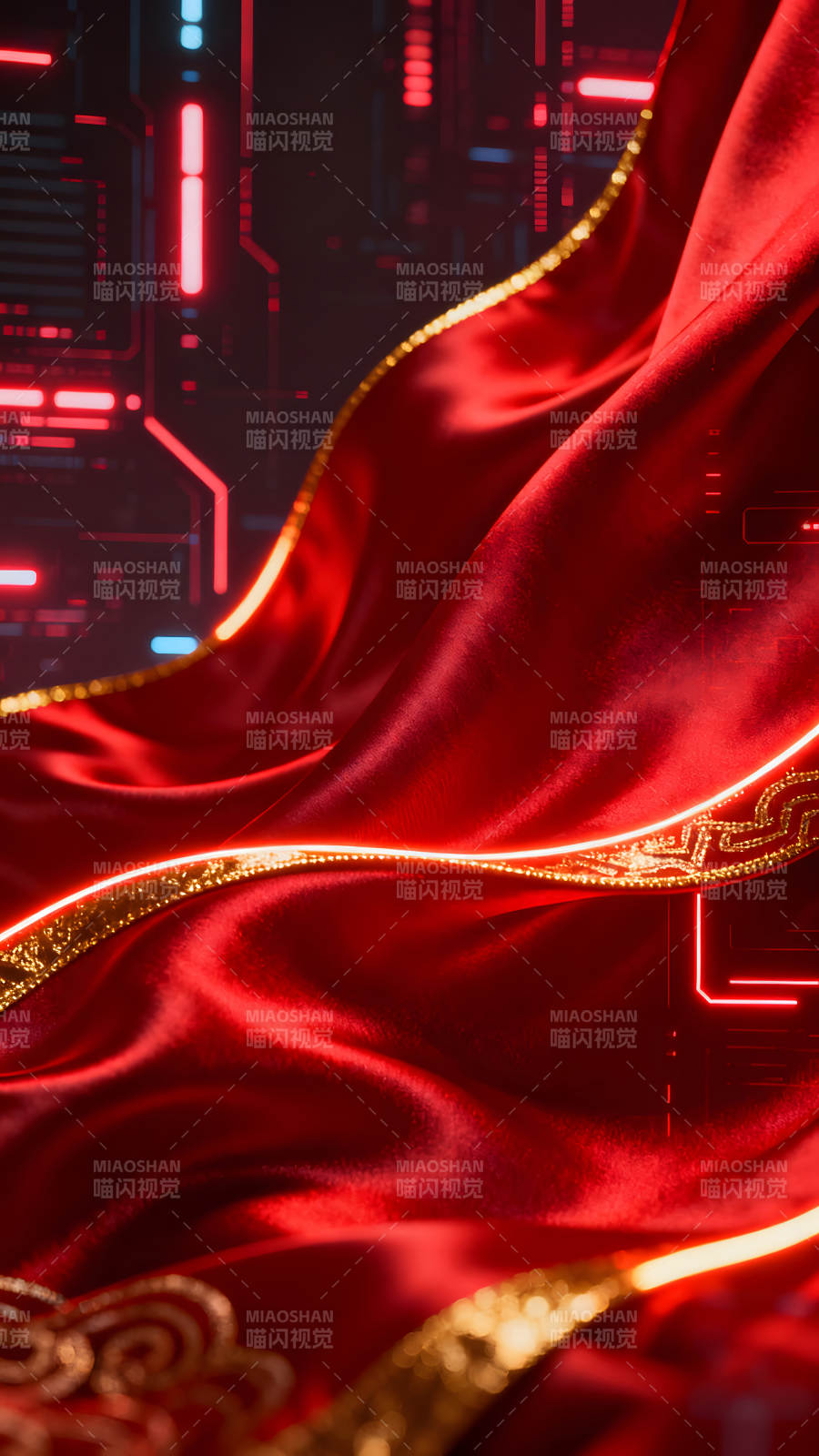 红绸与科技感背景的艺术结合图片