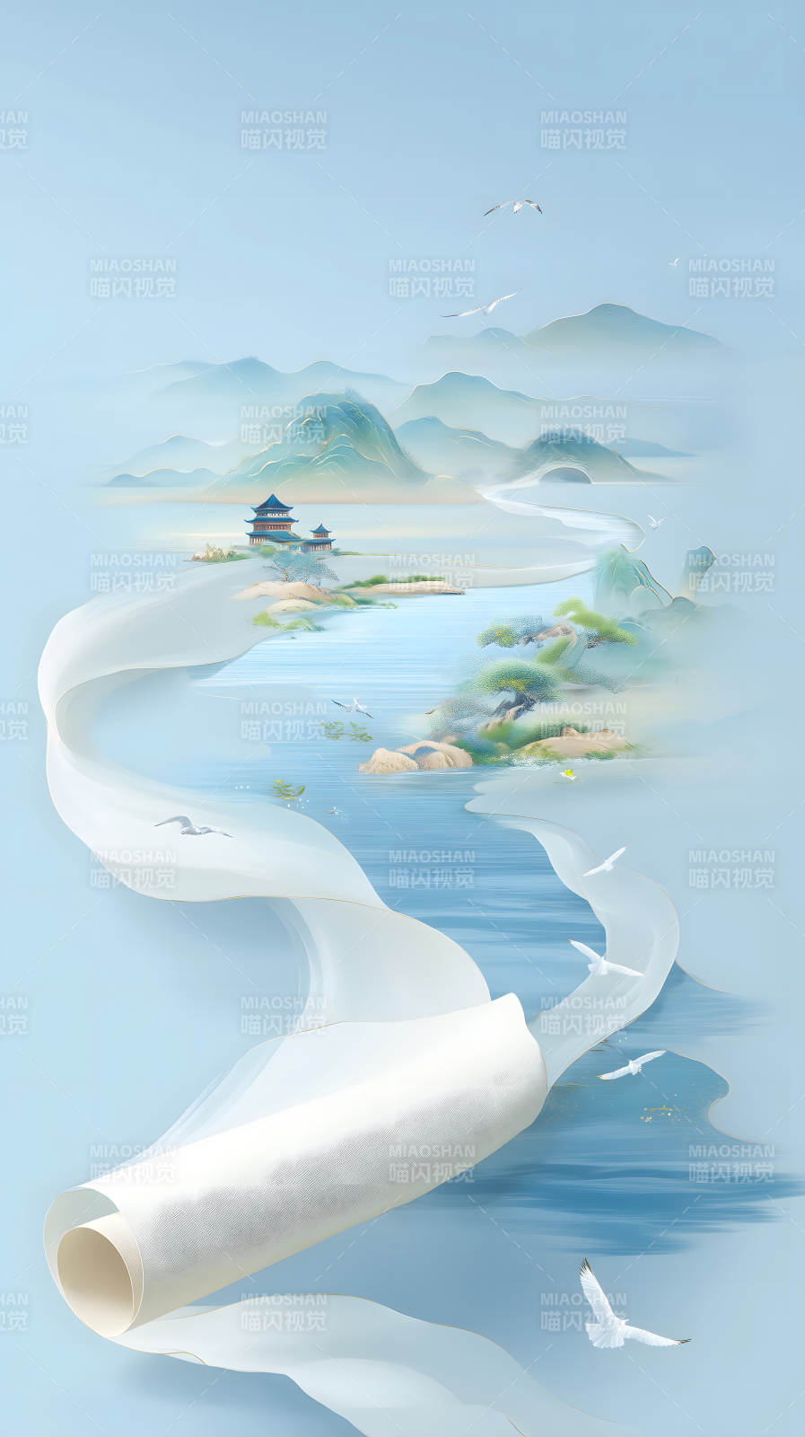 东方意境山水画卷鸟儿飞翔图片