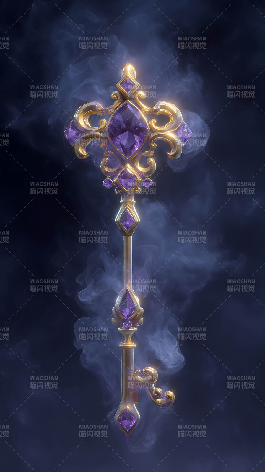 金色宝石钥匙在紫色烟雾中图片