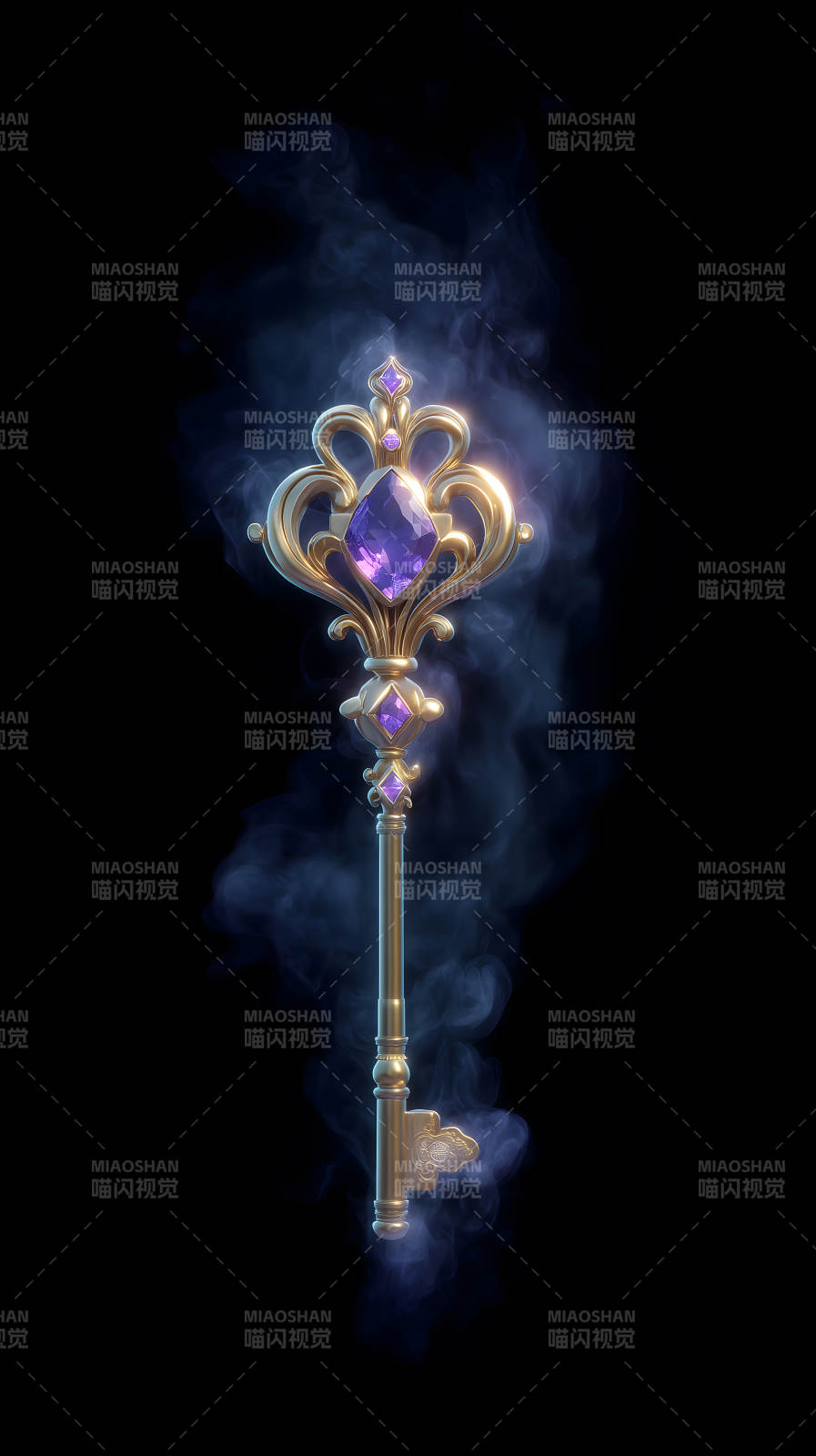 黄金钥匙镶嵌紫宝石烟雾缭绕图片