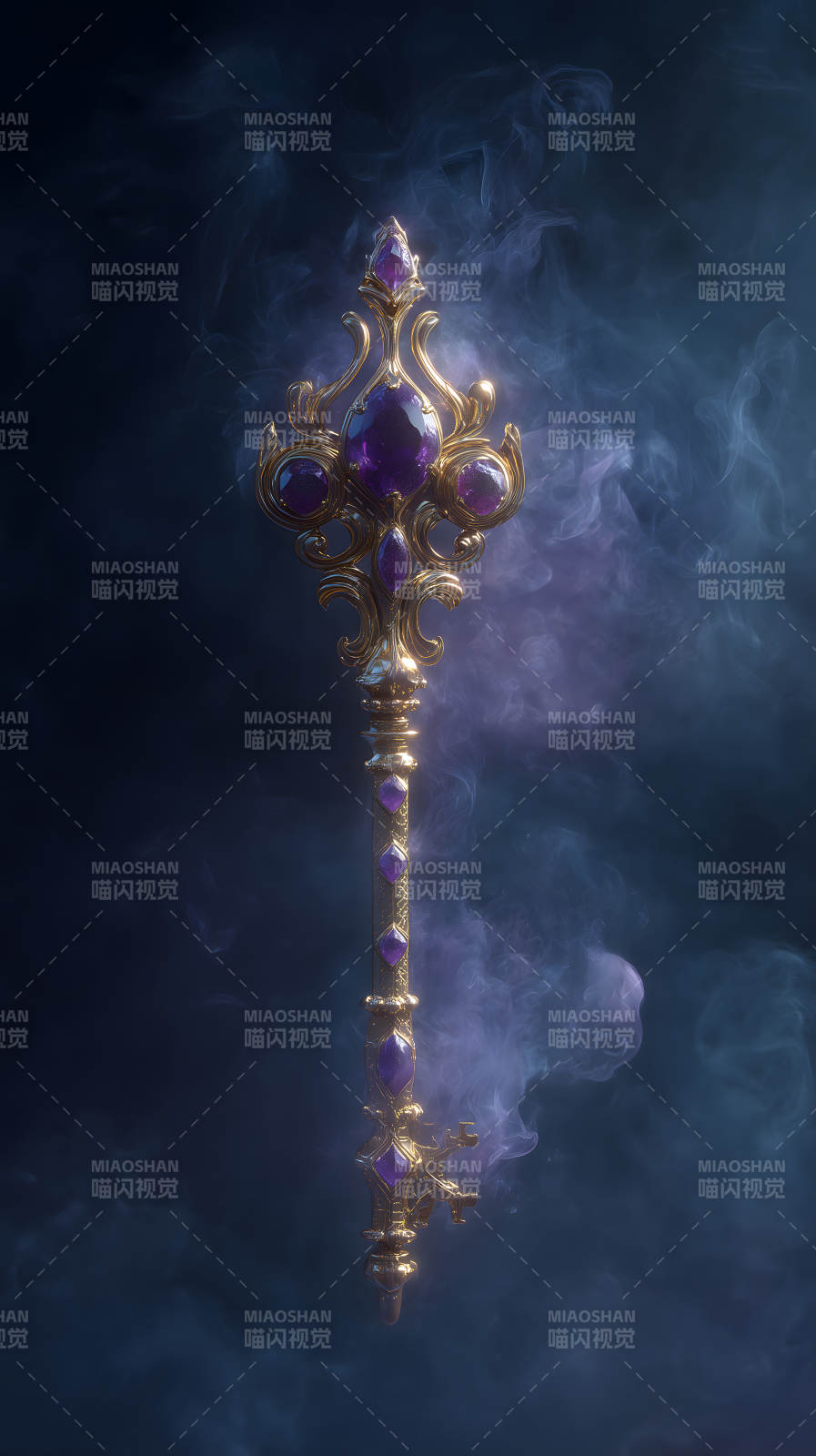 华丽钥匙紫色宝石烟雾缭绕图片