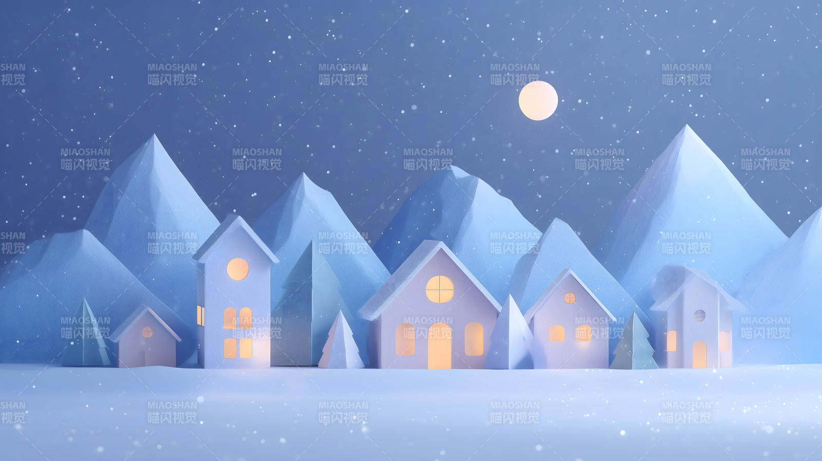 冬夜村庄雪山下的温馨景象图片