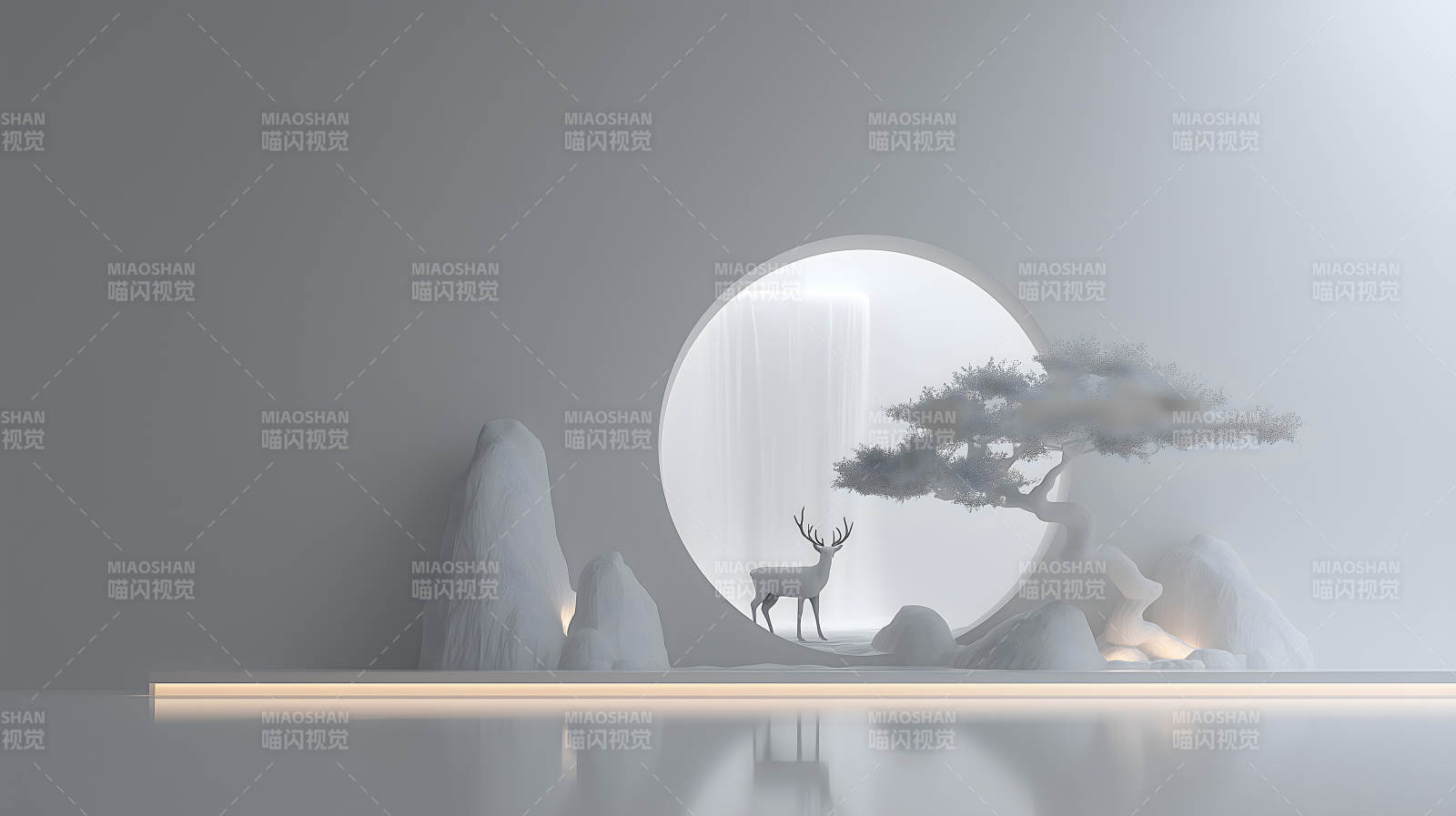 静谧空间鹿与瀑布意境深远图片