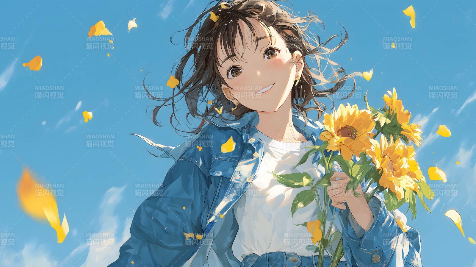 阳光少女手捧向日葵微笑图片