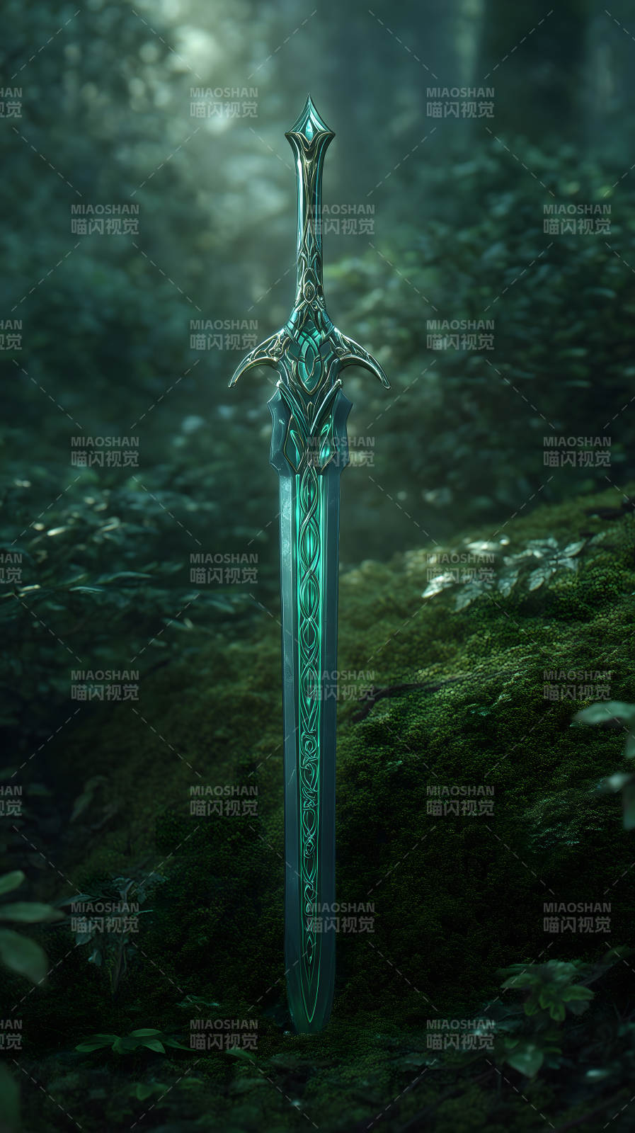 一把精美的发光绿宝石剑在森林里图片