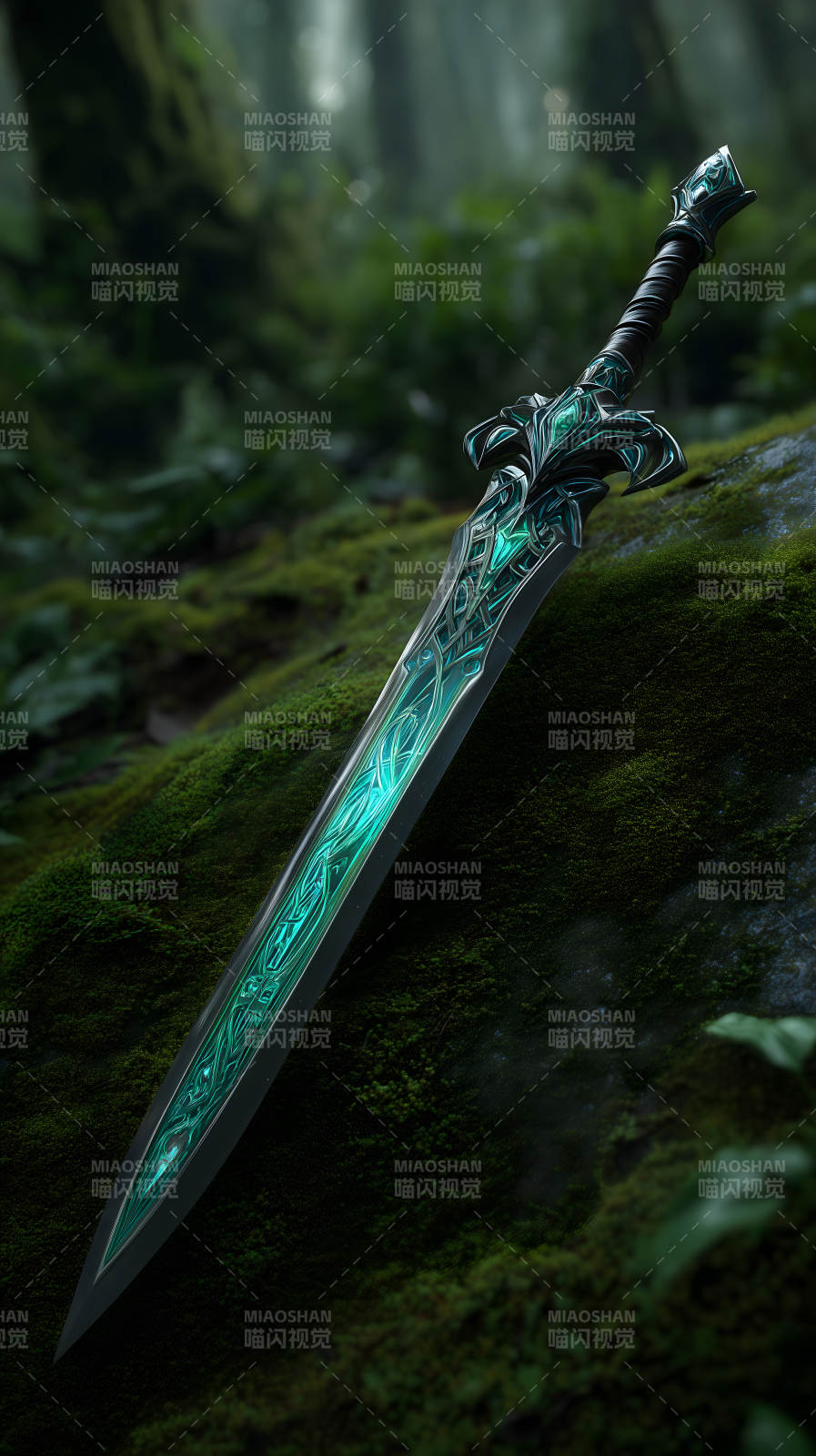 一把发光的剑插在苔藓上图片