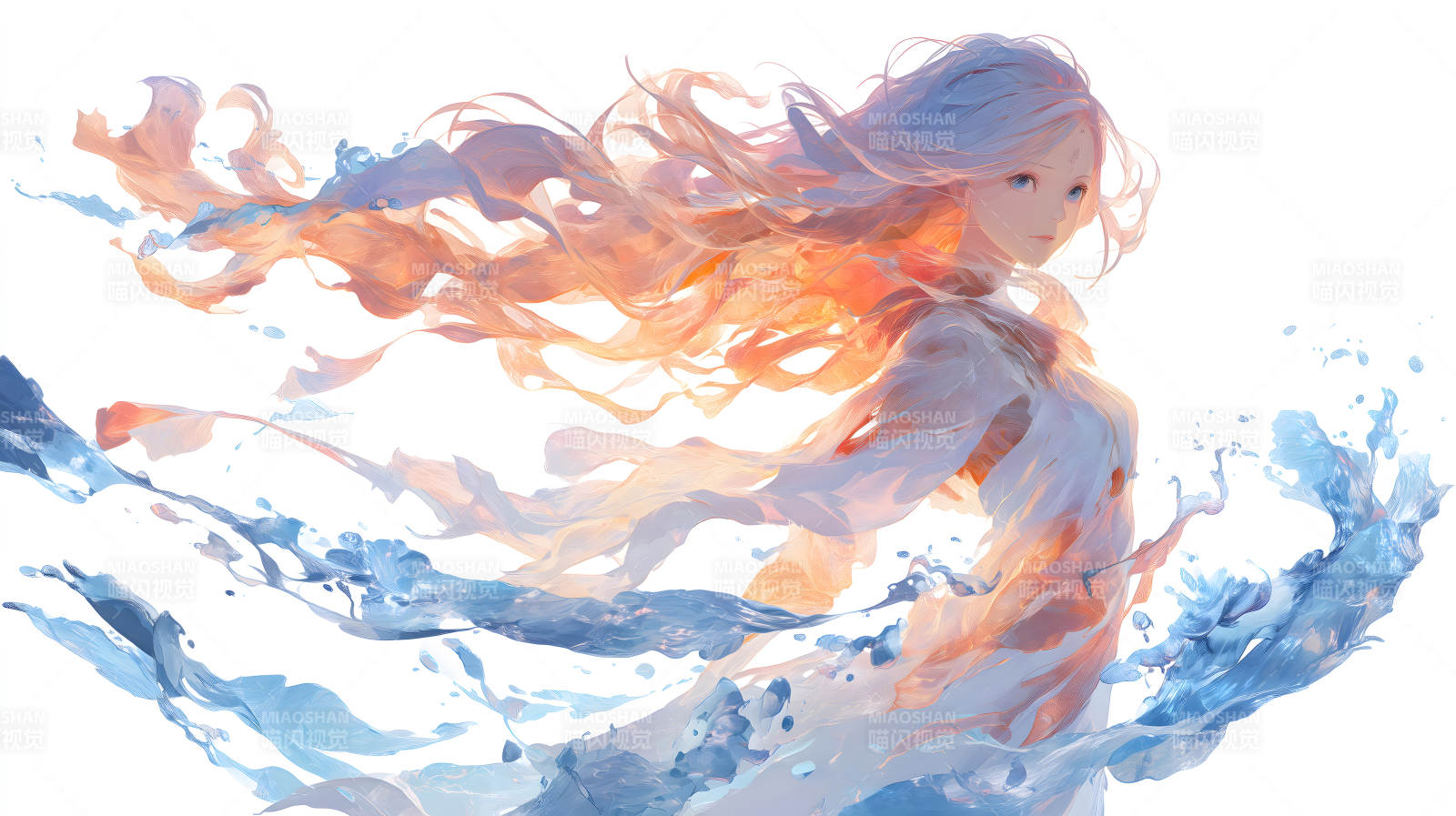 唯美飘逸的动漫女孩与水元素图片