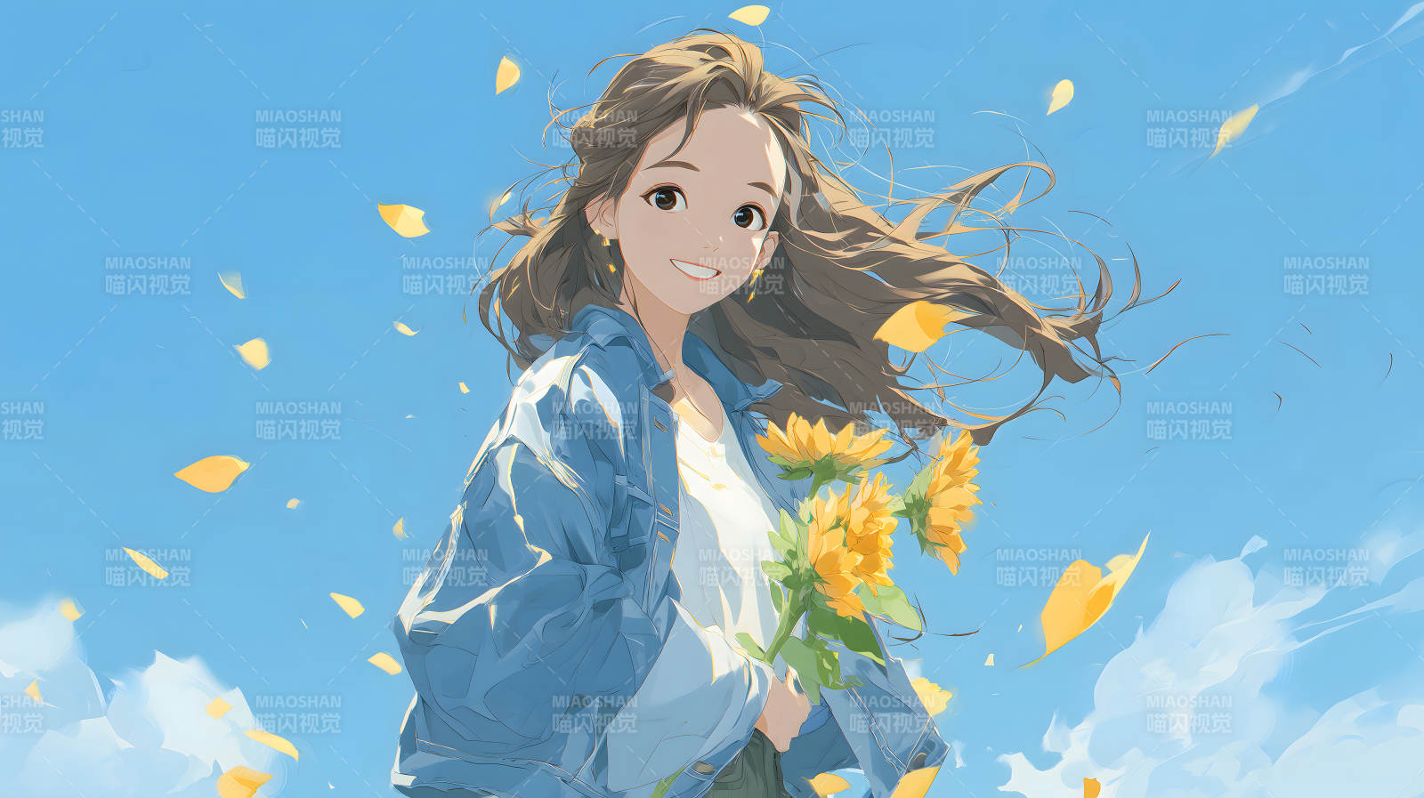 手持向日葵的微笑少女图片