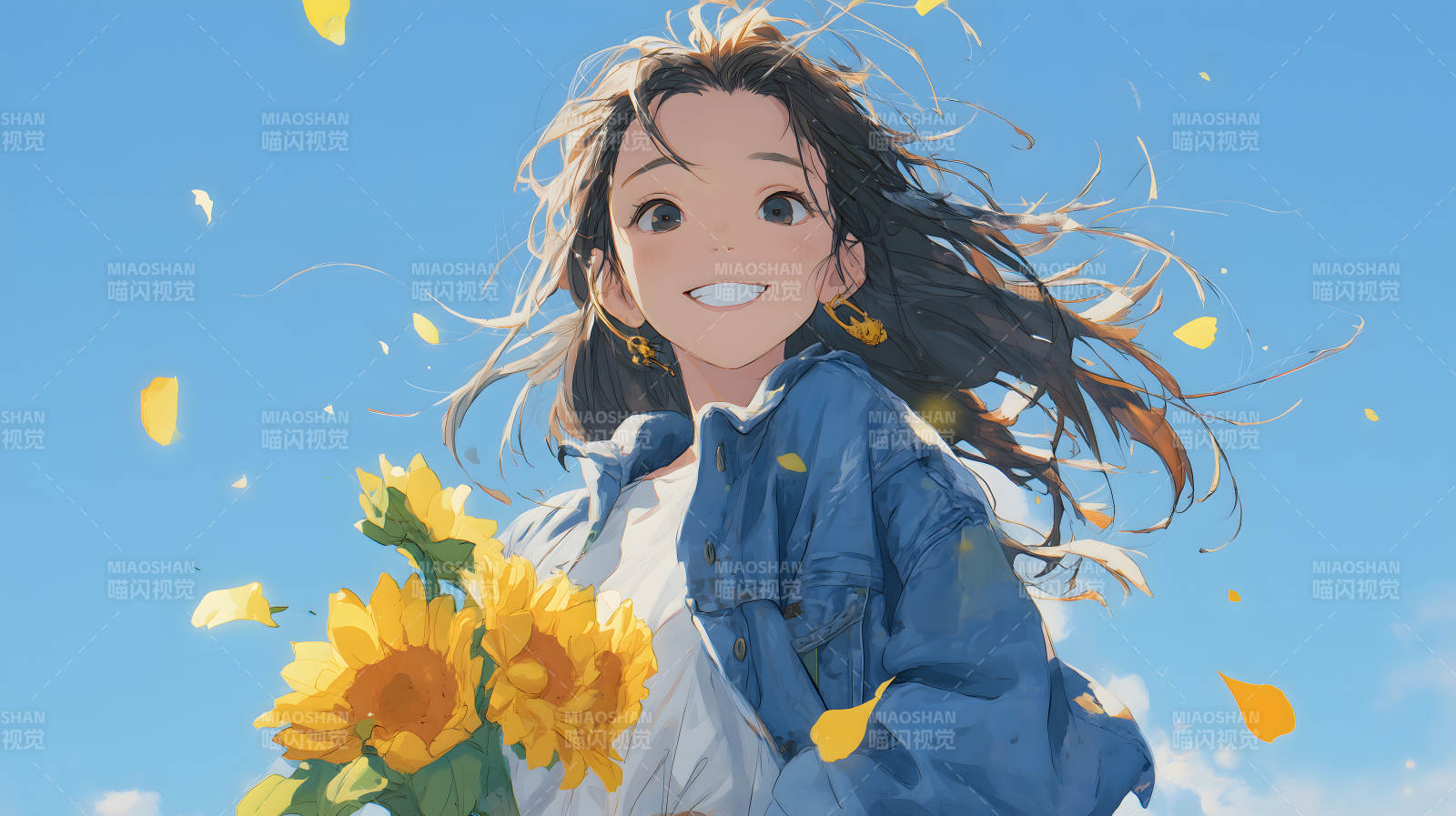 女孩手捧向日葵在晴朗天空下绽放笑容图片