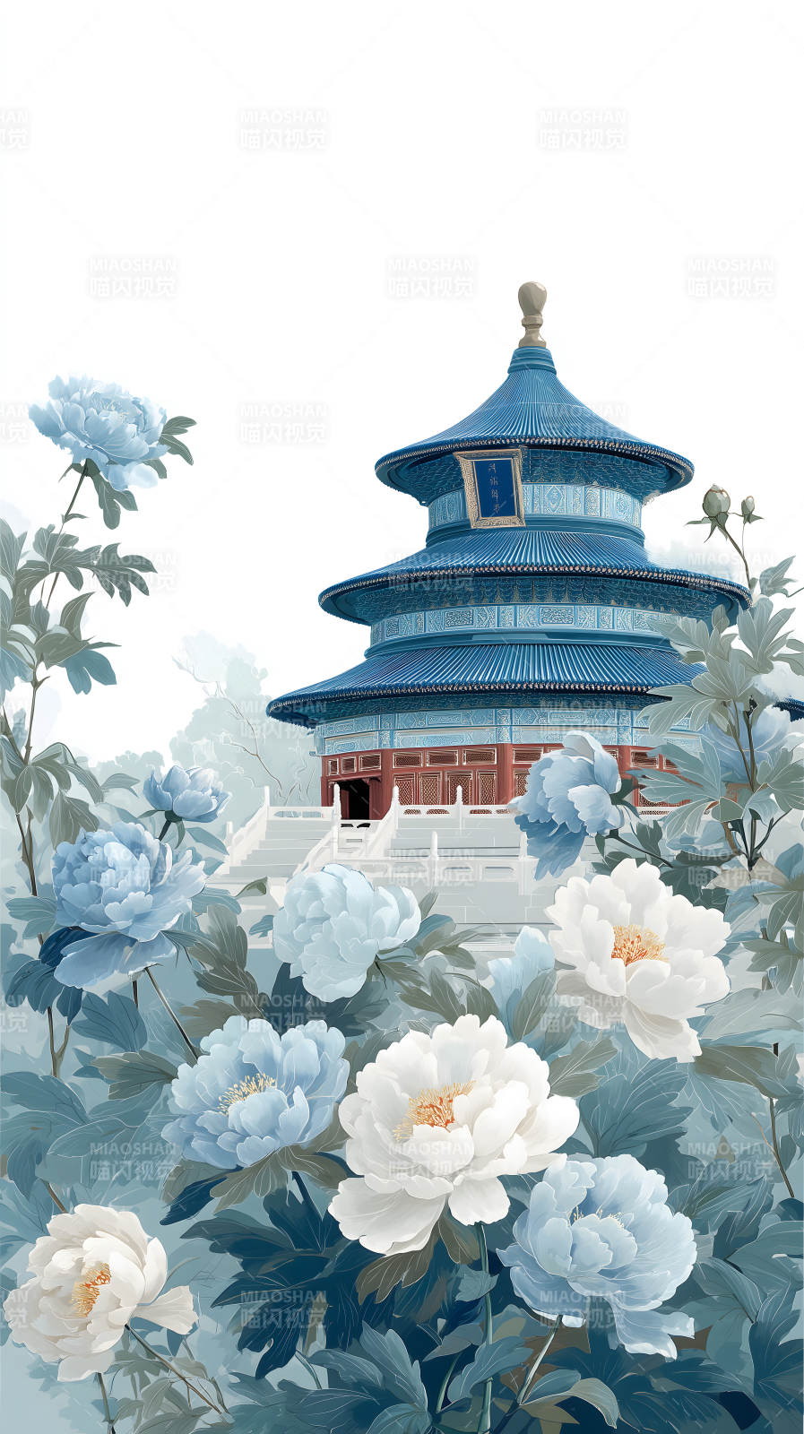 中国风古建筑与花卉图图片