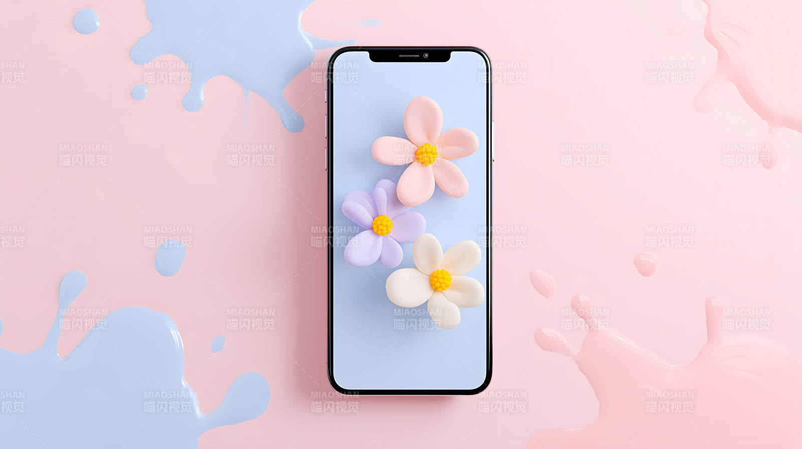 手机屏幕上的鲜花装饰粉色背景图片