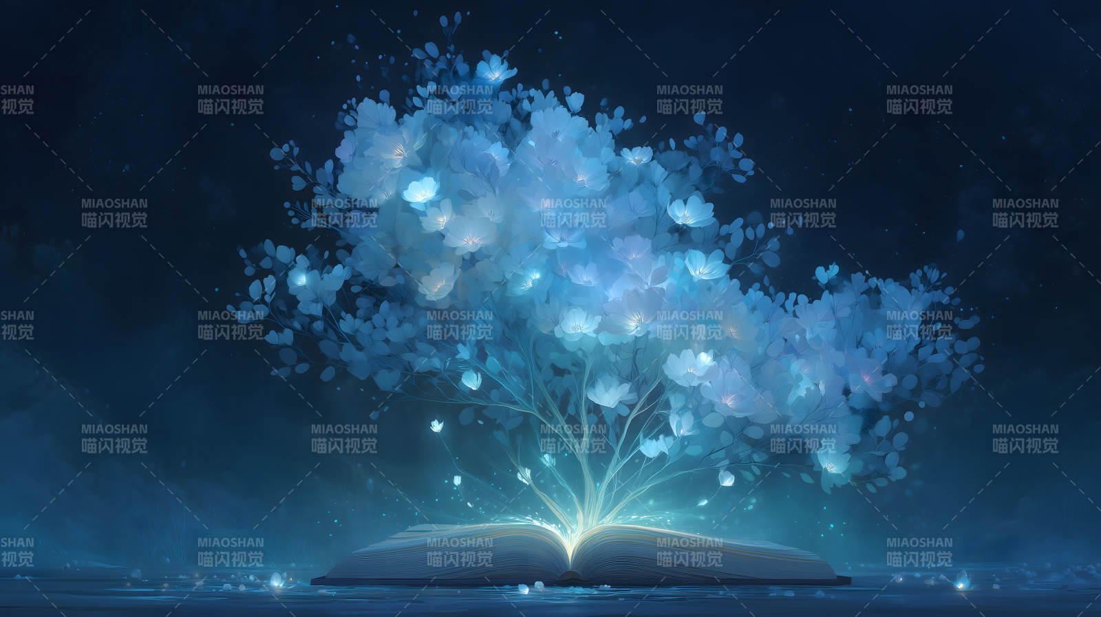 书籍孕育的奇幻之树散发光芒图片