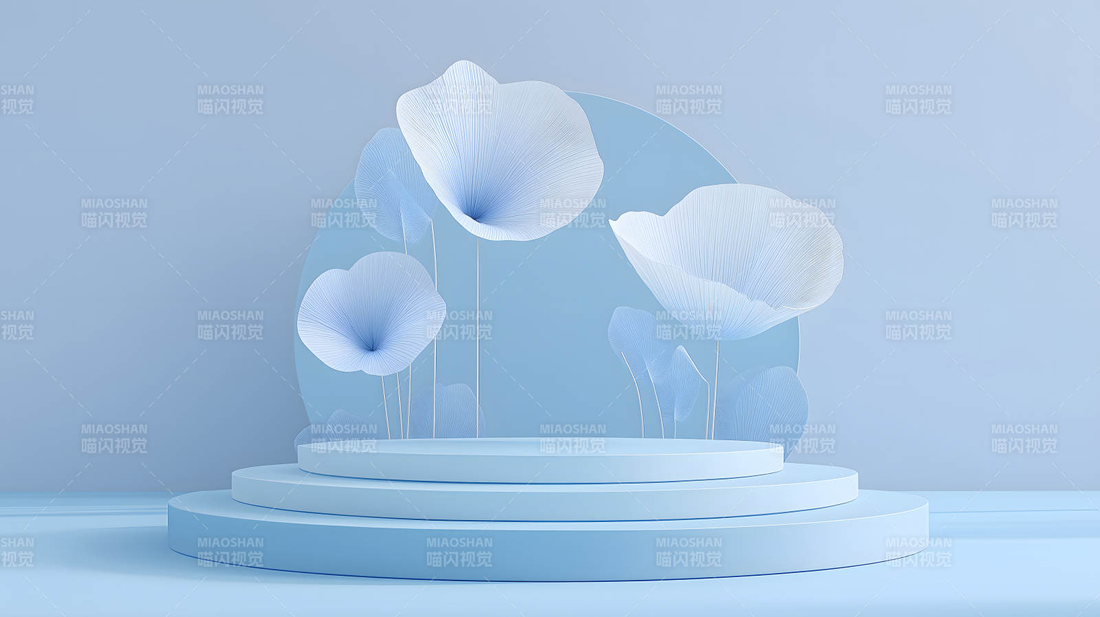 蓝色花朵与阶梯展示台图片